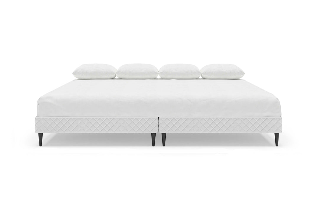Front view of platform bed frame with a mattress